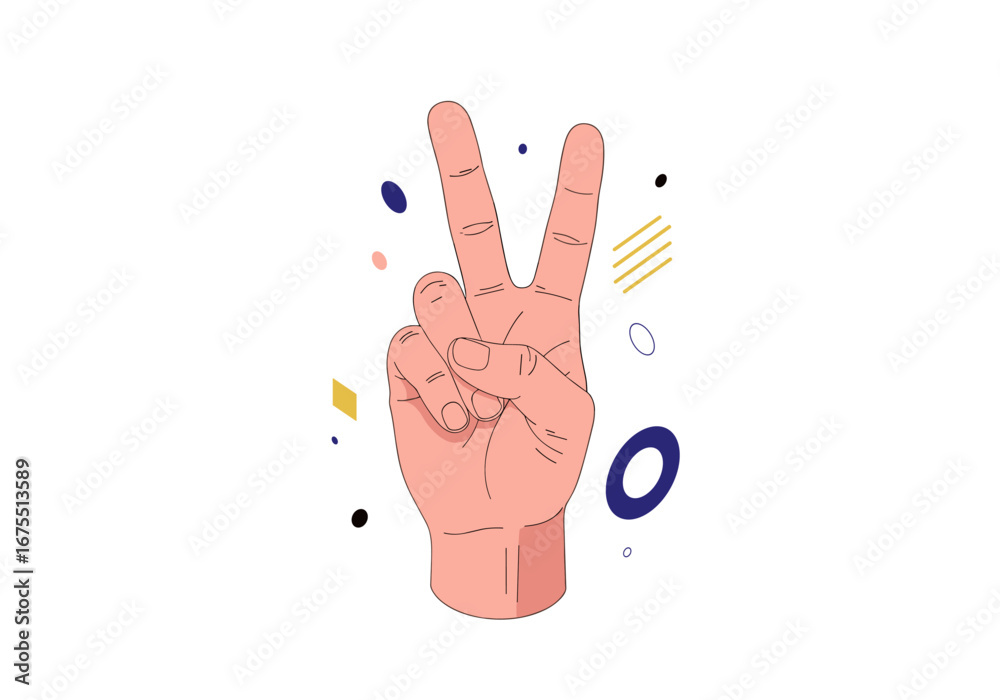 Obraz premium Abstract hand gesturing victory symbol with colorful geometric shapes and dots decoration background
