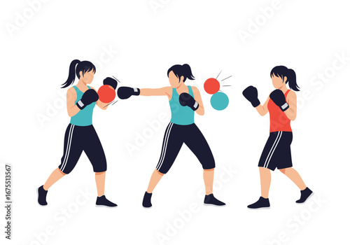 Three women practicing boxing training and fighting moves in a sequence during a fitness workout