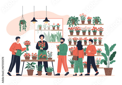Customers enjoy selecting beautiful plants and flowers at a vibrant local florist shop enjoying a pleasant spring day