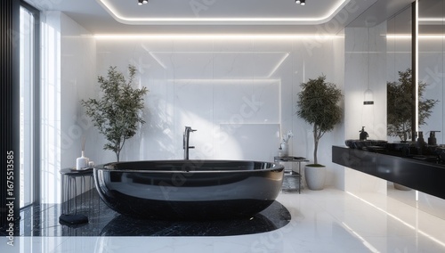 Sleek black bathtub in a modern white bathroom
