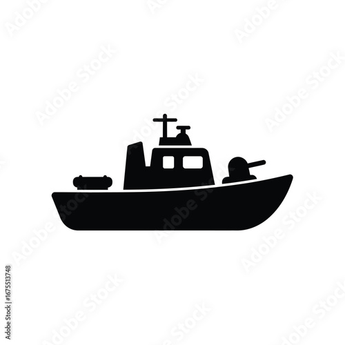 Silhouette of a military patrol boat with a mounted gun and radar antenna on a white background