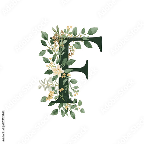 Wallpaper Mural A dark green or black serif font decorative letter features watercolor botanical elements, blending formal lettering with natural beautydf Torontodigital.ca