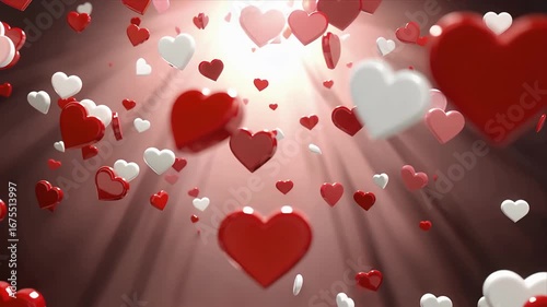 Dynamic 3D hearts cascade, creating a vibrant celebration of love and romance with glowing light beams.