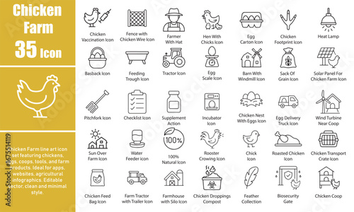 Chicken Farm Icons, Line Art Vector Set