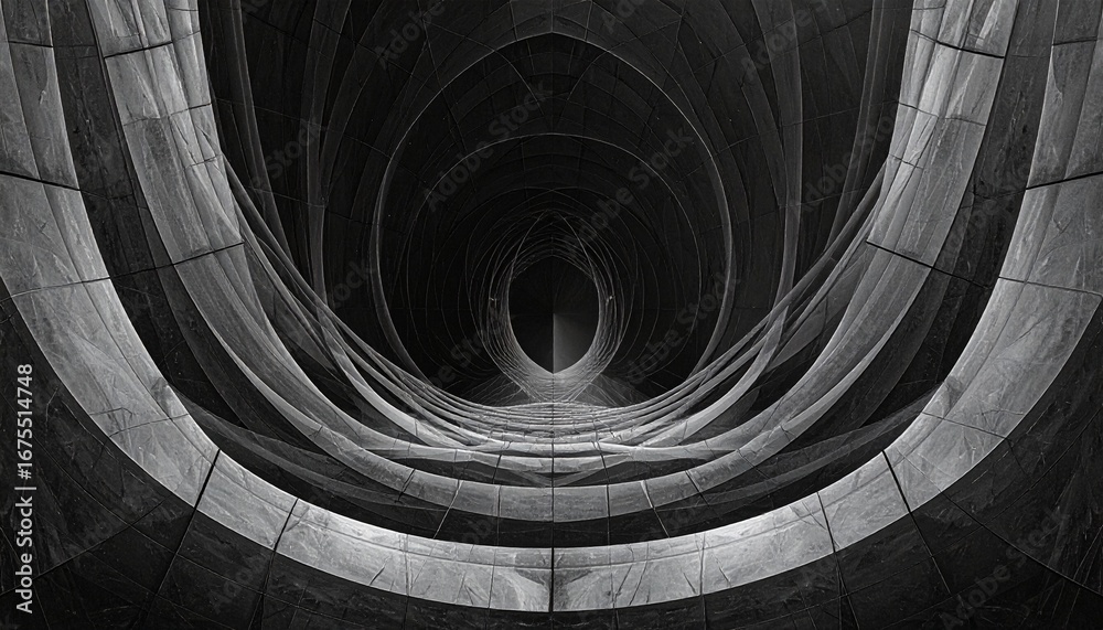 Fototapeta premium Monochromatic abstract tunnel with curved panels, creating deep geometric flow.