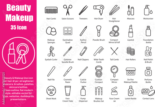 Beauty and Makeup Line Icon Set, Vector Illustration