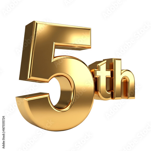 Golden metallic numeral five with suffix isolated on a transparent background ordinal