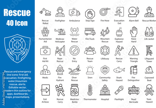 Rescue Icons: 40 Emergency Thin Line Vector Illustrations.
