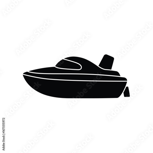 Sleek black silhouette of a modern speed boat with a streamlined design and powerful engine on a white background