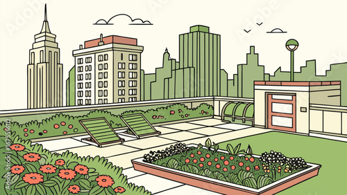 Urban Rooftop Garden: Sustainable Cityscape Illustration, Eco-Friendly Design, Peaceful Mood