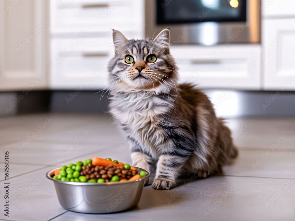 Fototapeta premium Vegan cat food. Photo of an adorable cat sitting in front of its food bowl with legumes and vegetables. Healthy delicious plant based cat food. Generative AI