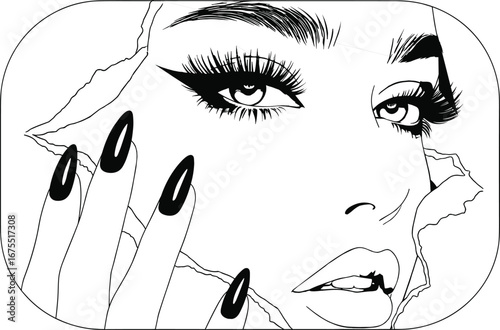 Glamorous woman face, black and white vector, dramatic makeup, long nails, fashion illustration, torn paper effect, bold eyeliner, expressive portrait
