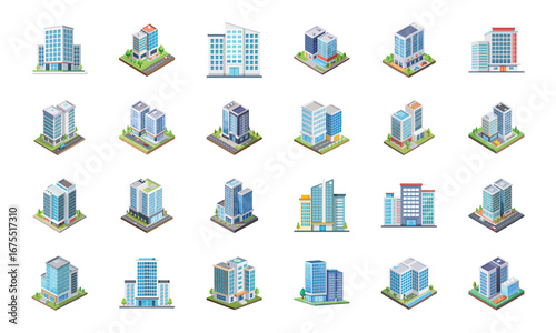 Public and Government Building Icons Set – Bank, Hospital, School, University, Courthouse, Police Station, Office Building, Airport, Stadium, Theater, Modern Business Tower, Government Institution, Fi