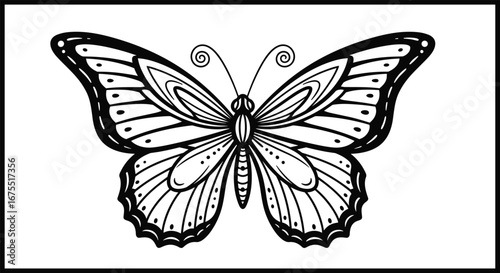 Ornate butterfly illustration, black and white vector art, symmetrical design, decorative insect drawing, intricate wing pattern, entomology sketch,