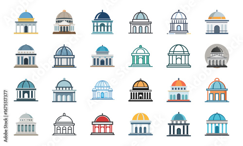 Public and Government Building Icons Set – Bank, Hospital, School, University, Courthouse, Police Station, Office Building, Airport, Stadium, Theater, Modern Business Tower, Government Institution, Fi