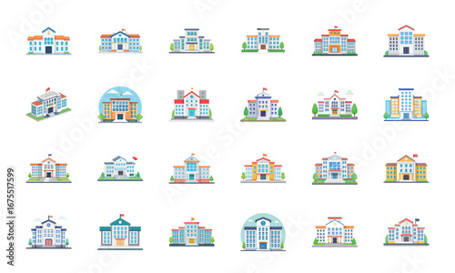 Public and Government Building Icons Set – Bank, Hospital, School, University, Courthouse, Police Station, Office Building, Airport, Stadium, Theater, Modern Business Tower, Government Institution, Fi