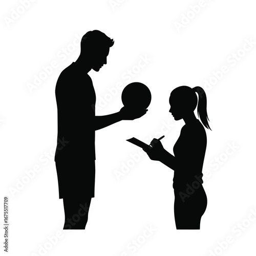 Coach and athlete interaction with ball and clipboard