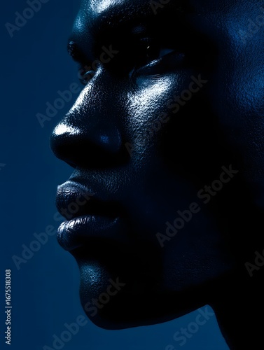 Futuristic Tech Portrait - Sleek Silhouette with Glossy Skin and Navy Gradient