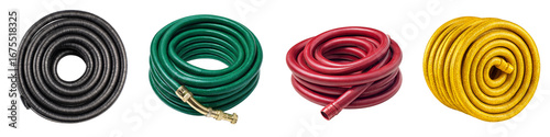 Colorful coiled garden hoses in various sizes on transparent background