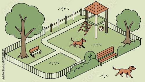 Isometric Illustration: Dogs Playing in a Fenced Green Park with Benches and Play Structure