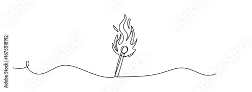 Continuous one line drawing of a burning matchstick vector illustration