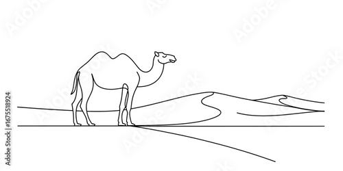 Continuous one line drawing of a camel standing in the desert vector illustration