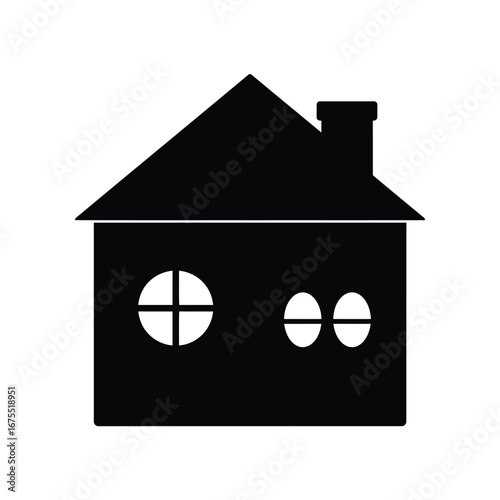 Simple black silhouette of a house with a chimney and distinctive round and oval windows