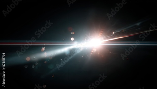 A powerful light burst, radiating outwards from a central point, against a dark backdrop. Light rays streak across the image. Small, glowing particles are scattered throughout