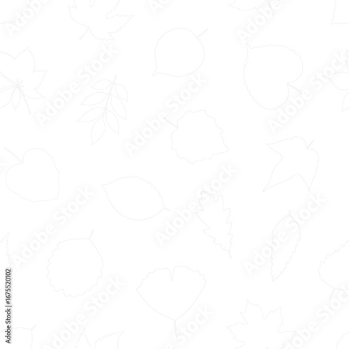 Seamless pattern with gray outline leaves on white background - leaf of maple, linden, aspen, ginkgo, and others. Print for textile, package, and coloring book. Vector illustration, line art style