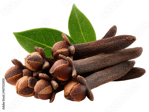 Closeup of Brown Cloves with Green Leaves on a Transparent Background