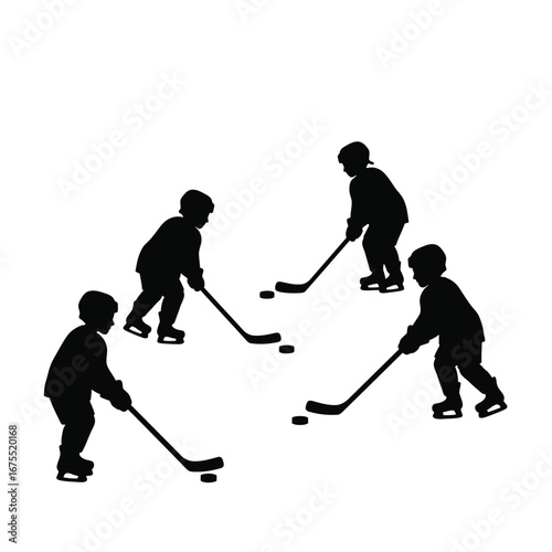 Children playing hockey silhouettes sport