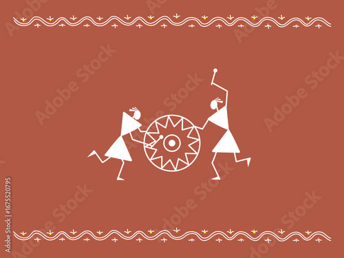 Two drummers beat the drum. Stylized drawing in the style of traditional Indian ornament.