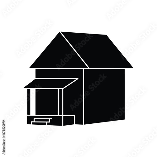 Simple black silhouette of a small traditional house with a porch and steps against a white background
