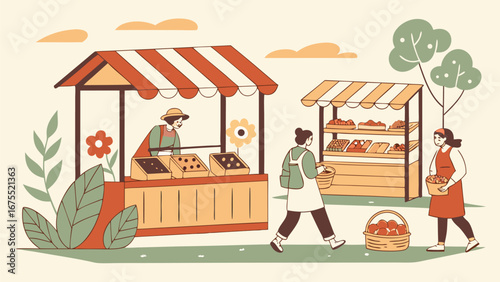 Farmers Market Shopping:  Happy Customers Buying Fresh Produce at Charming Outdoor Stalls in a Retro Style Illustration