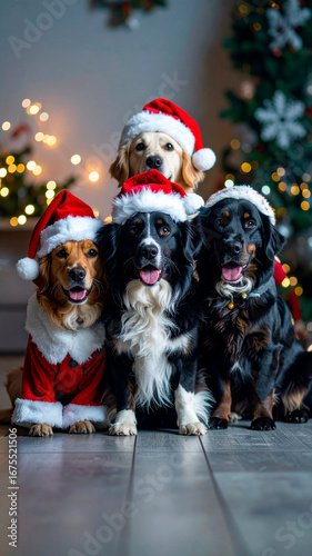 Multiple pets dressed in festive Santa Claus outfits. The scene is cheerful, cozy, and full of Christmas spirit, set against a warm, in a background with seasonal decorations and twinkling lights.