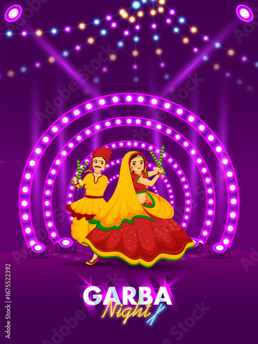 Happy Navratri Indian Festival celebration Banner Poster or flyer design, Character design, Couple vector  illustration dancing with dandiya. 