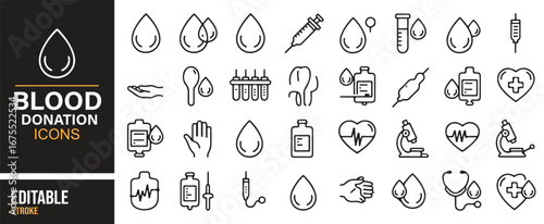 Medical blood donation outline symbols – syringes, plasma, hospital, care icons