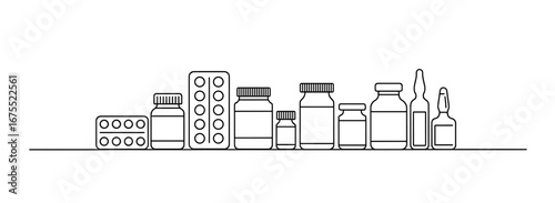 Continuous one line drawing of medicine bottles and pills vector illustration