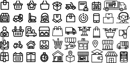 Delivery and Store Vector Icon Set, Shopping, Courier, Package, Retail, and E-Commerce Symbols