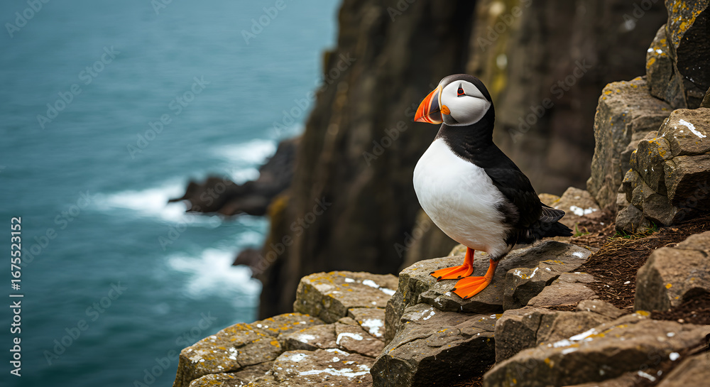 Fototapeta premium Coastal Puffin on Rocky Ledge PNG