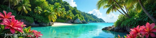 Lush green foliage, vibrant flowers, and crystal-clear turquoise water create a breathtaking tropical paradise scene, perfect for travel or vacation imagery ,  orchids,  turquoise,  landscape