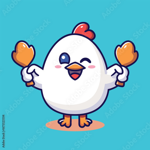 Cute cartoon chicken winking and holding up drumsticks