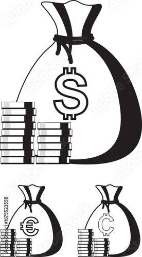 Investment Icon Set for Dollar, Euro, and Cent, Vector Art