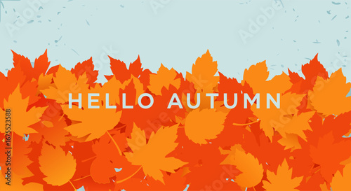 Vibrant orange and red maple leaves forming a beautiful autumn foliage border against a light blue textured background, seasonal vector illustration