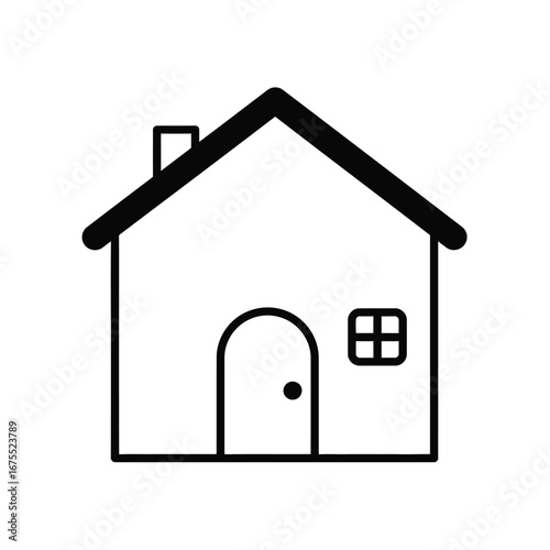 Simple hand drawn outline of a detached house with a pitched roof chimney and a single window