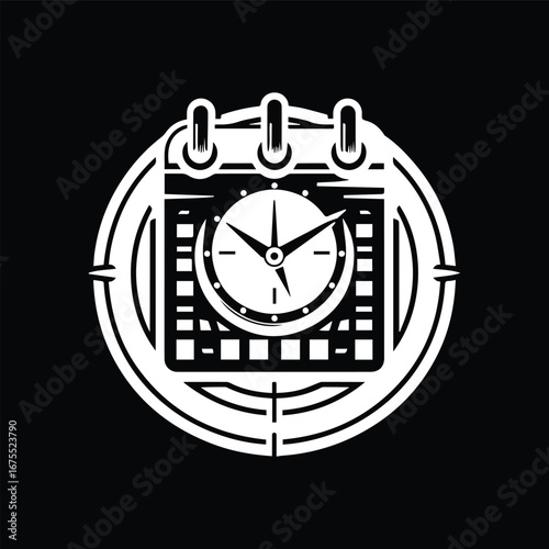 A Clock with Calendar Icon Black and White Vector