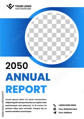 Elegant blue graded annual report cover design with with circle frame