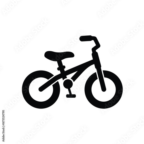Simple black silhouette icon of a bmx bicycle with two wheels handlebars seat and pedals on a white background