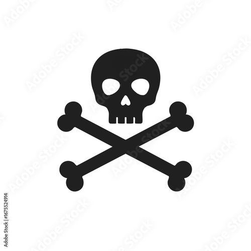 A striking 2D flat vector illustration of a minimalist skull and crossbones symbol, rendered with clean lines and solid colors, isolated sharply on a crisp white background.