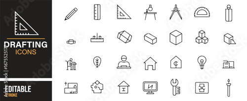 Drafting symbols set – creative design, innovation, and engineering outline icons